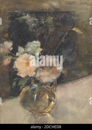 Aquarell, Menso Kamerlingh Onnes, 1895 ?, Signature Front, rechts, Mitte: M. Kamerlingh Onnes, Aquarell, Papier, bemalt, Allgemein (Maße nach Katalog 1983): 62.8 x 42,8cm (628 x 428mm), mit Rahmen: 92 × 75.5 × 3.5cm (920 × 755 × 35mm), Stillleben, Blume, Aquarell, das ein Stillleben mit einer runden Glasvase mit roten und weißen Blumen darstellt. Die Vase ist auf einem hellen Hintergrund platziert, der sich rückwärts gegen den Hintergrund abfällt. Der Hintergrund ist dunkel. Rechts am Rand des Hintergrundes signiert. Aquarell ist in einem vergoldeten Holzrahmen und ist hinter Glas, 1956 Stockfoto
