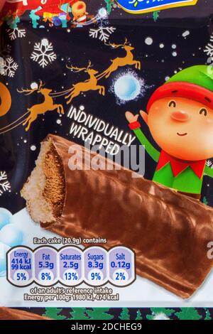 reference intake nutritional information label on pack of McVities Santa Snacks chocolate cake bars Stockfoto