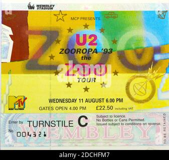 Eintrittskarte für U2 im Wembley Stadium London England Großbritannien Mittwoch, 11. August 1993 Zooropa '93, Zoo TV Tour Stockfoto