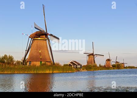 Windmühlen in Kinderdijk, Zuid-Holland, Niederlande Stockfoto