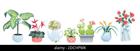 Haus Pflanzen für Heim Garten Vektor Illustration Set, Cartoon Wohnung Zimmerpflanzen Töpfe Sammlung mit natürlichen Blumentöpfe isoliert auf weiß Stock Vektor