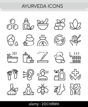 Ayurveda dünne Linie Symbole gesetzt. Skizzieren Piktogramm Vektor Illustration, Aromatherapie, ayurvedische Sammlung mit Symbolen der gesunden alternativen Medizin, Stock Vektor