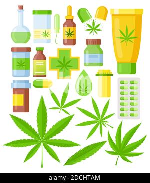 Vektor-Illustration Set von Cannabis Medizin Cartoon flache Symbole. Medizinisches Marihuana Set mit Hanföl Glasflasche, Cannabisblatt isoliert auf weiß Stock Vektor