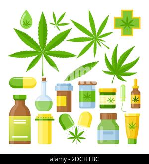 Cannabis Medizin Vektor Illustration. Cartoon Wohnung medizinisches Marihuana Set mit Hanföl Glasflasche, Cannabisextrakte im Glas oder Plastikbehälter Stock Vektor