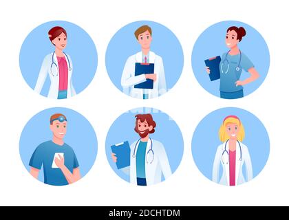 Arzt und Krankenschwester Medizin Zeichen rund Avatare Set Stock Vektor