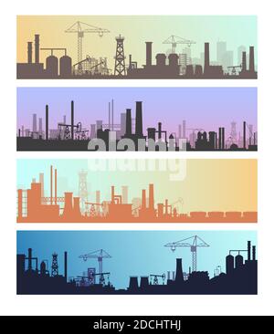 Herstellung von industriellen Landschaften Vektor-Illustrationen, Cartoon flache städtische Raffinerie Panorama Skyline gesetzt, Öl Raffinerie Industrie Silhouetten Stock Vektor