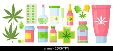 Cannabis Medizin Cartoon Marihuana Set mit Hanföl Glasflasche, Cannabisextrakte und Blätter Stock Vektor