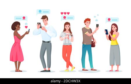 Personen im Chat Internet Kommunikation Vektor Illustration Set. Cartoon Wohnung junge Mann Frau Charaktere chatten in sozialen Medien Messenger phone App Stock Vektor