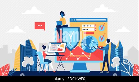 Vektordarstellung „Cyber Security Service Concept“. Cartoon Entwickler Menschen Team arbeiten an Business-Netzwerk Cybersecurity, Entwicklung von Computer-Schutz durch Antivirus-Software-Anwendung Hintergrund Stock Vektor