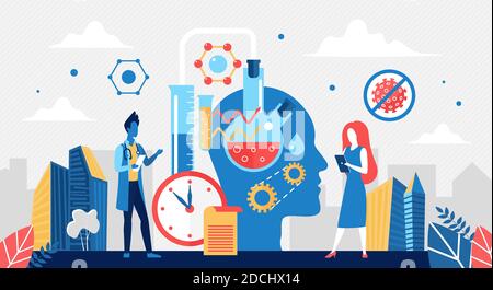 Coronavirus covid19 Impfstoff Entwicklung Konzept Vektor Illustration. Cartoon medizinische Wissenschaftler Forscher Menschen Entdeckung, testen neue Corona-Virus-Impfstoff im Labor, Medizin Forschung Hintergrund Stock Vektor