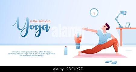 Yoga ist selbst Liebe Konzept flache Vektor Illustration, Landing Page Design Vorlage mit Cartoon glücklich Mann Charakter tun yogi Asana für Körper Stretching Stock Vektor