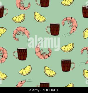 Bier mit Snacks. Handgezeichnete Cartoon-Stil Illustration. Getränke, Limetten und Garnelen. Glasbecher. Helle Farben. Mexikanisches Bier. Stock Vektor