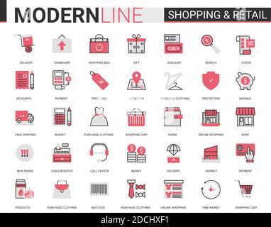 Shopping Einzelhandel rot schwarz flache Linie Symbol Vektor Illustration Set. Lineare kommerzielle Shop Website App Symbole für Online-Bestellung, kostenlose Einkaufslieferung, Kunden Web Support Call Center editierbaren Schlaganfall Stock Vektor