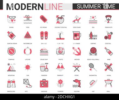 Sommer Zeit Urlaub rot schwarz flache Linie Symbol Vektor Illustration Set. Website skizzieren Sommer Piktogramm App Symbole Sammlung mit Reisen oder Strand Urlaub Artikel und sportliche Aktivität editierbare Schlaganfall Stock Vektor