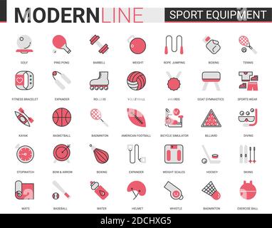 Sport Fitnessgeräte rot schwarz flache Linie Symbol Vektor Illustration Set. Lineare Sportausrüstung für Sportler Symbole mit Sportbekleidung, Fitness-Studio Artikel, Fußball Baseball Badminton Tennis Spiel Kollektion Stock Vektor