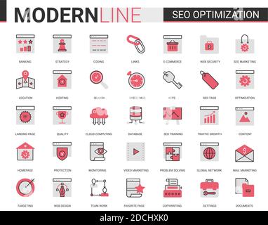 SEO-Optimierung Technologie Vektor flache Linie Symbol gesetzt. Lineare Tech Analytics Website-Symbole für Internet Optimierung Business-Marketing in sozialen Medien, Unterstützung von digitalen App-Design, Web-Entwicklung Stock Vektor