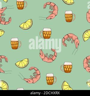 Leichtes Bier mit Snacks. Handgezeichnete Cartoon-Stil Illustration. Getränke, Limetten und Garnelen. Glasbecher. Helle Farben. Mexikanisches Bier. Stock Vektor