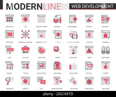 Web-Entwicklung rot schwarz flache Linie Symbol Vektor Illustration Set. Outline Website mobile App Entwicklung von Symbolen Sammlung von Optimierung für Webseiten-Inhalte, Benutzeroberfläche Design-Anwendung Stock Vektor