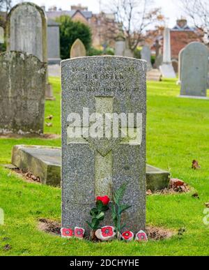 Gemalte Mohnblumen auf Grabstein des Royal Scots Lance Corporal, der im Ersten Weltkrieg 1917 starb, North Berwick, East Lothian, Schottland, Großbritannien Stockfoto