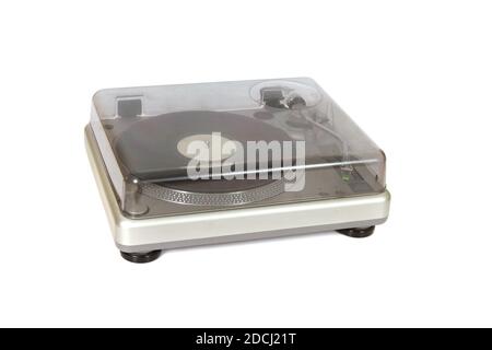 Ein Plattenspieler mit einem Vinyl isoliert auf einem weißen Hintergrund Stockfoto