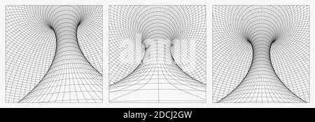 Gitterwurmloch Drahtgittertunnel. 3d Gravitations-Quanten, Vektor Wurmloch Illustration. Singularität abstraktes Schwarzes Loch Vortex Konzept 3d-Illustration. EPS Stock Vektor