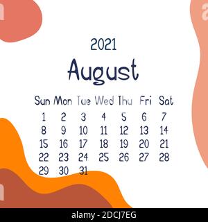 2021 august Kalender mit abstrakten Formen auf dem Hintergrund. Farbenfroher moderner Kalender mit trendigen Farben, Monatsplaner. Vektorgrafik flach. Mod Stock Vektor
