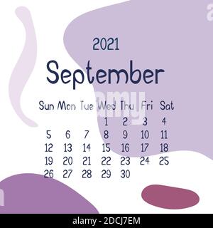 2021 september Kalender mit abstrakten Formen auf dem Hintergrund. Farbenfroher moderner Kalender mit trendigen Farben, Monatsplaner. Vektorgrafik flach. Stock Vektor