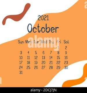 2021 oktober Kalender mit abstrakten Formen auf dem Hintergrund. Farbenfroher moderner Kalender mit trendigen Farben, Monatsplaner. Vektorgrafik flach. Mo Stock Vektor