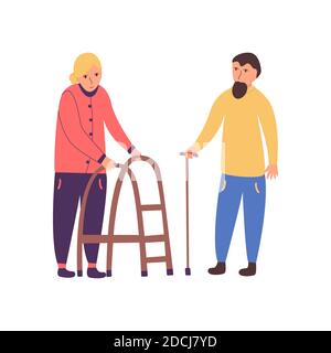 Ein paar Senioren. Großmutter und Großvater mit einem Stock. Menschen mit Behinderungen. Vektor isolierte Illustration im Cartoon-Stil Stock Vektor