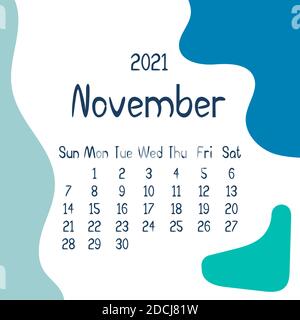 2021 november Kalender mit abstrakten Formen auf dem Hintergrund. Farbenfroher moderner Kalender mit trendigen Farben, Monatsplaner. Vektorgrafik flach. M Stock Vektor