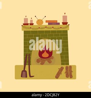 Gemütlicher Kamin mit brennenden Kerzen, Bücherstapel, Garn und Stricknadeln. Holz liegt in der Nähe des Kamins, Schaufel und Kamin Poker. Girlande Stock Vektor