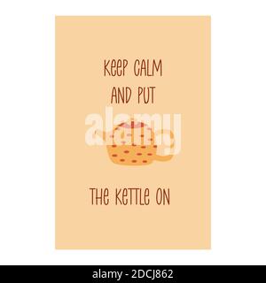 Karte mit niedlichen gelben Teekanne mit roten Punkten und Aufschrift. Postkarte oder Poster. Bunte Cartoon Vektor-Illustration auf beigem Hintergrund Stock Vektor