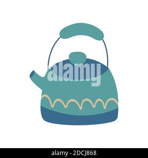 Niedliche blaue Teekanne mit weißen Pint.. Bunte Cartoon Vektor isolierte Illustration auf weißem Hintergrund Stock Vektor