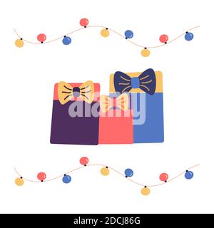 Set von niedlichen Geschenkboxen mit Schleifen und Girlande. Rosa, blaue und gelbe Farbe. Frohe Weihnachten und Frohes neues Jahr. Alles Gute zum Geburtstag. Farbige Vektorisolierung Stock Vektor