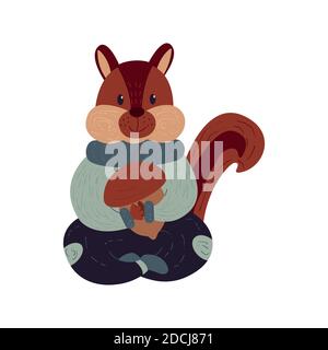 Süßer Chipmunk in einem weichen Pullover hält eine Eichel. Isolierte Cartoon-Vektor-Illustration. Kleine Nagetiere, Wildtiere Stock Vektor