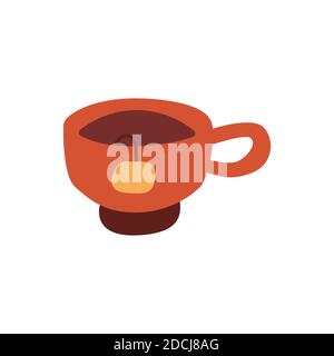 Süße rote Tasse Tee. Teebeutel in einem Becher. Bunte Cartoon Vektor isolierte Illustration auf weißem Hintergrund Stock Vektor