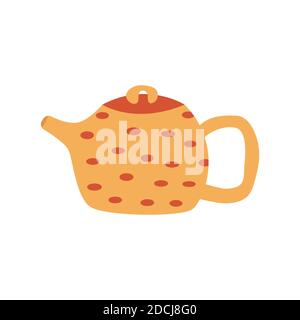 Niedliche gelbe Teekanne mit roten Punkten. Bunte Cartoon Vektor isolierte Illustration auf weißem Hintergrund Stock Vektor