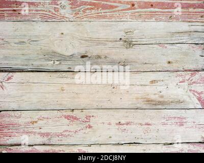 Hölzerne horizontale Oberfläche alte Holzpaneele Brett mit Grunge verwittert Rote Farbflecken Stockfoto