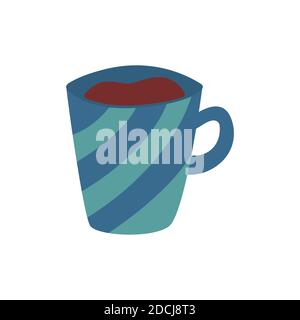 Süße Tasse Tee oder Kaffee. Mit blauen Streifen. Bunte Cartoon Vektor isolierte Illustration auf weißem Hintergrund Stock Vektor