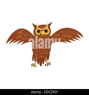 Niedliche Eule spreizt ihre Flügel. Ein majestätischer Weise nachtaktive Raubvogel. Bunte Vektor isolierte Illustration im Cartoon-Stil Stock Vektor