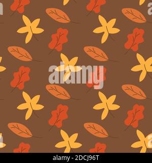 Nahtloses Muster mit Herbstblättern auf braunem Hintergrund. Geschenkpapier oder Stoff. Farbenfrohe Vektorgrafik Stock Vektor