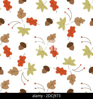 Nahtloses Muster mit Herbstblättern, Ebereschen, Eicheln auf weißem Hintergrund. Geschenkpapier oder Stoff. Farbenfrohe Vektorgrafik Stock Vektor