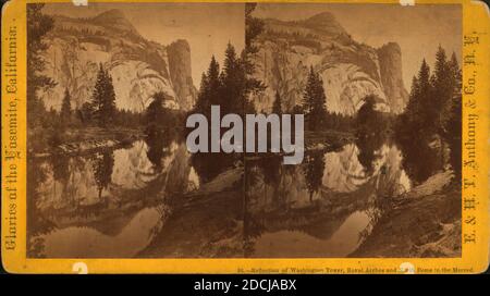 Reflections of Washington Tower, Royal Arches and North Dome in the Merced., Standbild, Stereographen, 1850 - 1930 Stockfoto