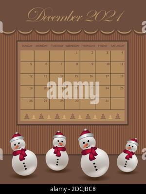 Kalender Dezember Weihnachten für das Jahr 2021, Schneemann mit Hut, Schokolade Farbe Vektor Stock Vektor