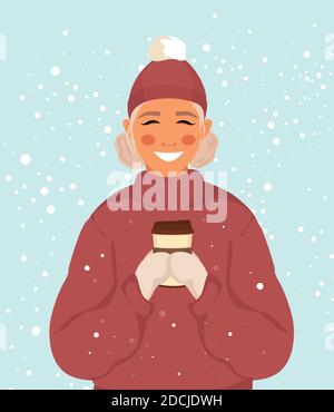 Schönes Mädchen hält eine Tasse Kaffee, Winter und Schnee. Kaffeehaus. Stock Vektor