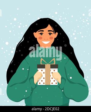 Glückliche Frau gibt ein Geschenk. Frohe Weihnachten und Frohes neues Jahr. Stock Vektor
