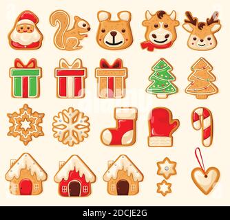 Set von niedlichen Lebkuchen für weihnachten. Weihnachtsgebäck. Kekse. Isoliert auf weißem Hintergrund. Vektorgrafik. Stock Vektor