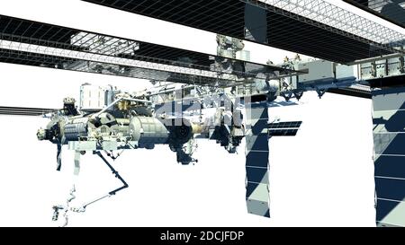 3D-Rendering der Internationalen Raumstation mit dem Arbeitspfad, der in der Datei enthalten ist. Stockfoto
