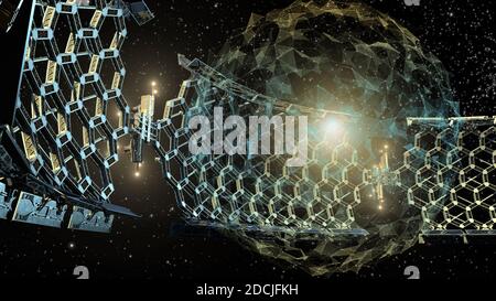 3D-Illustration einer geodätischen Struktur mit Wabenstruktur im tiefen Raum, die ein kugelförmiges Netz aus dreieckigen Gittern auf galaktischem Hintergrund umgibt, für die Wissenschaft FIC Stockfoto