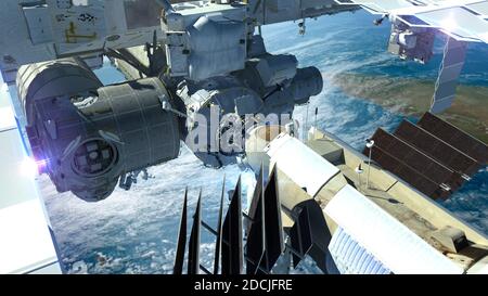 3D-Illustration der Internationalen Raumstation, die über der Erde fliegt, in detaillierter Nahaufnahme. Stockfoto